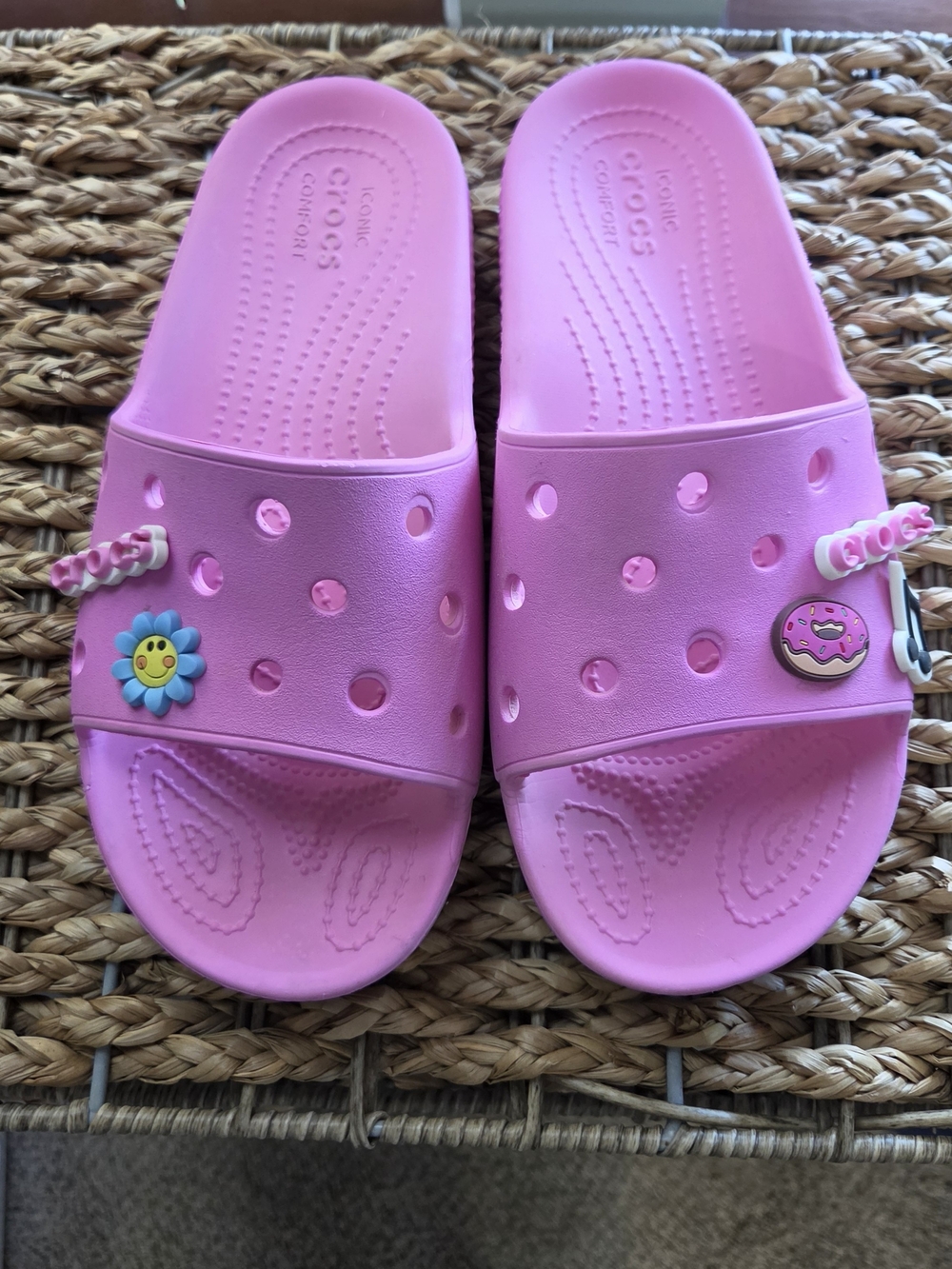 CROCS Pink Slide Sandals with Fun Jibbitz Charms